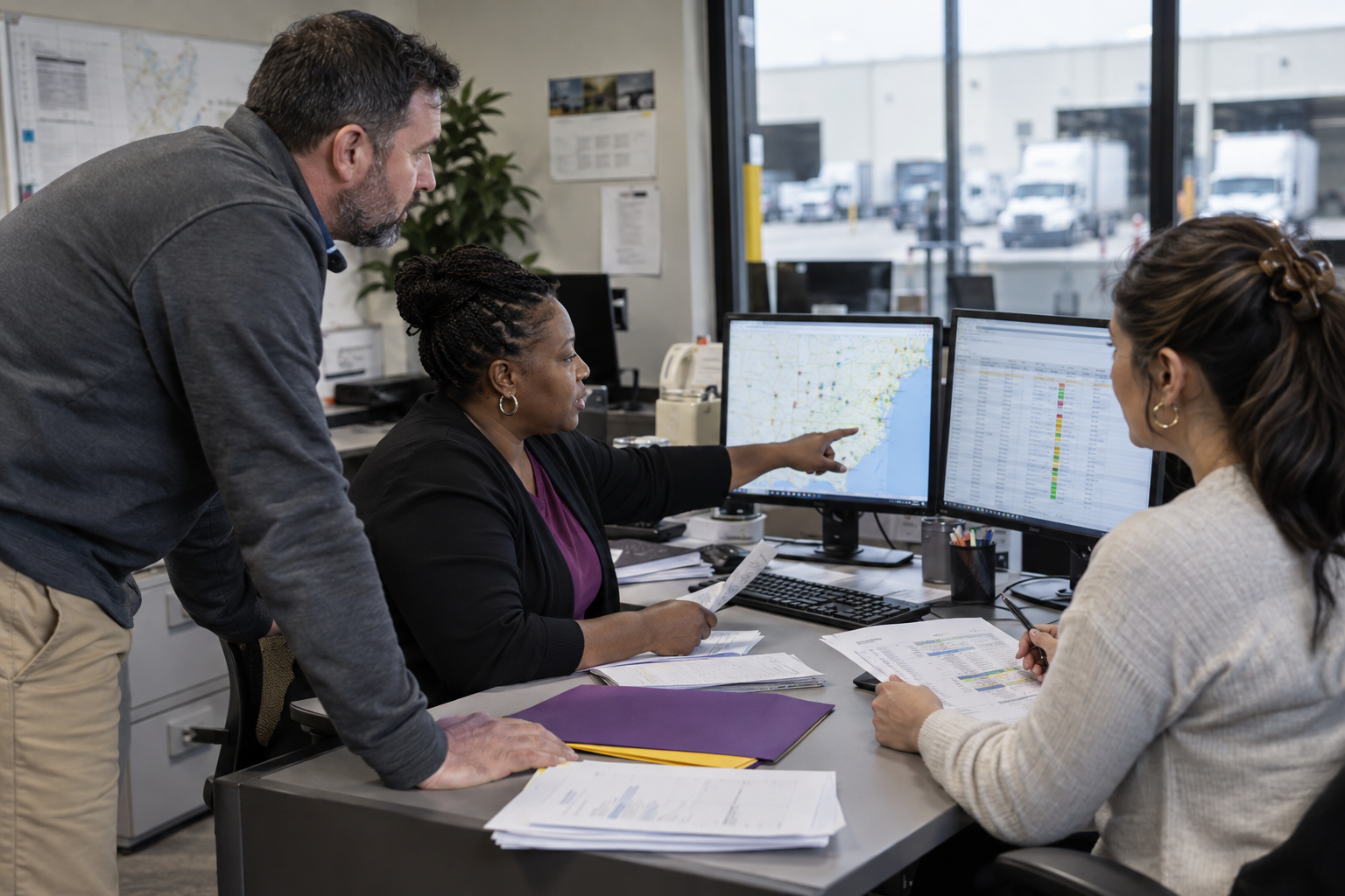 Logistics professionals reviewing delivery routes in a working dispatch office