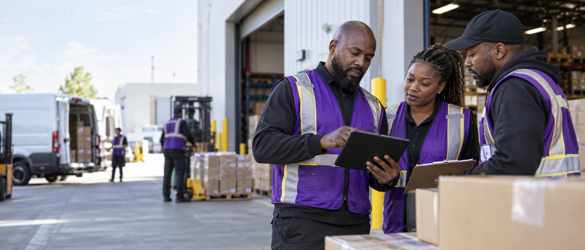 Logistics professionals coordinating warehouse and fleet operations