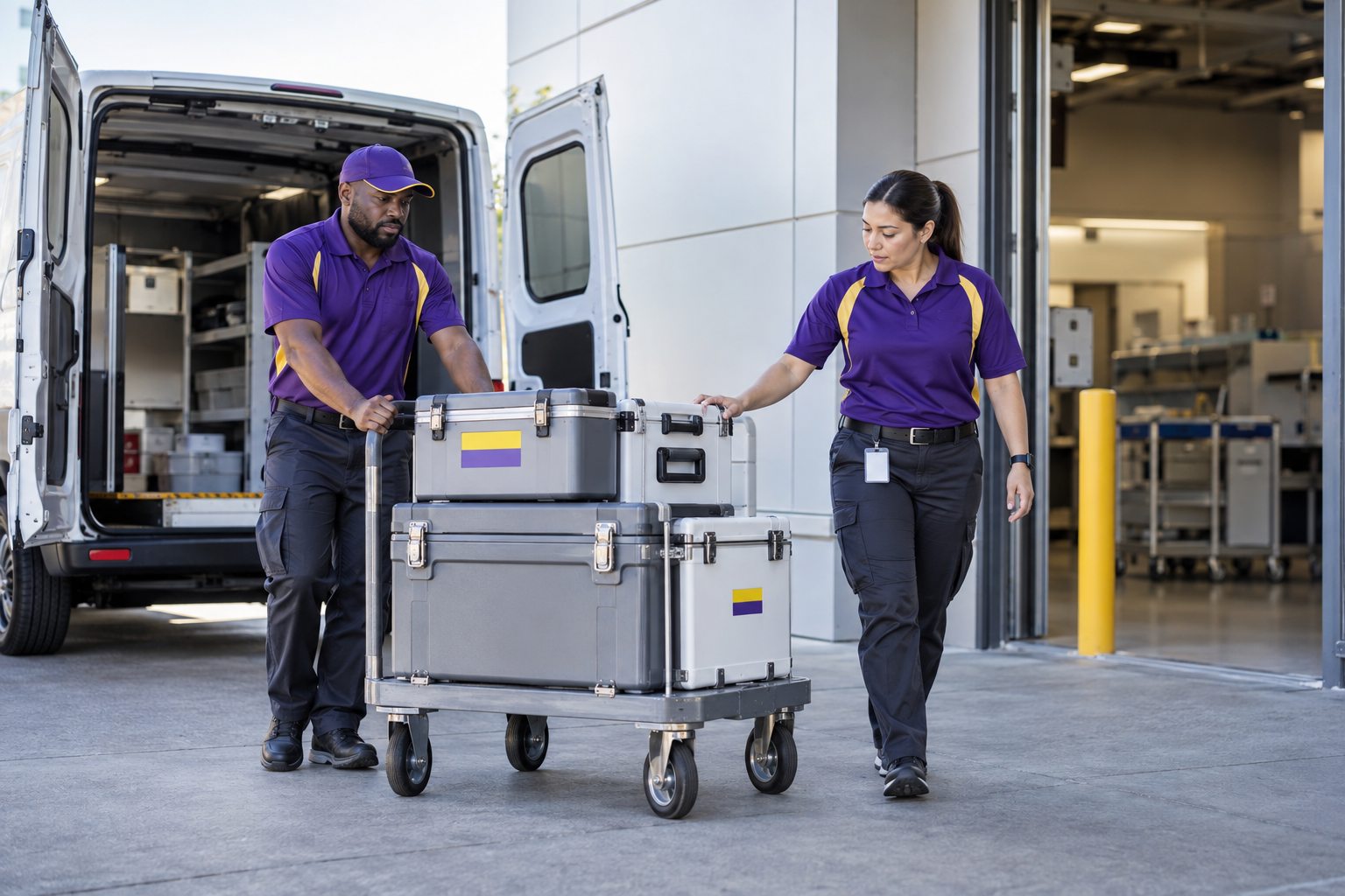Professional delivery team transporting secured medical equipment cases